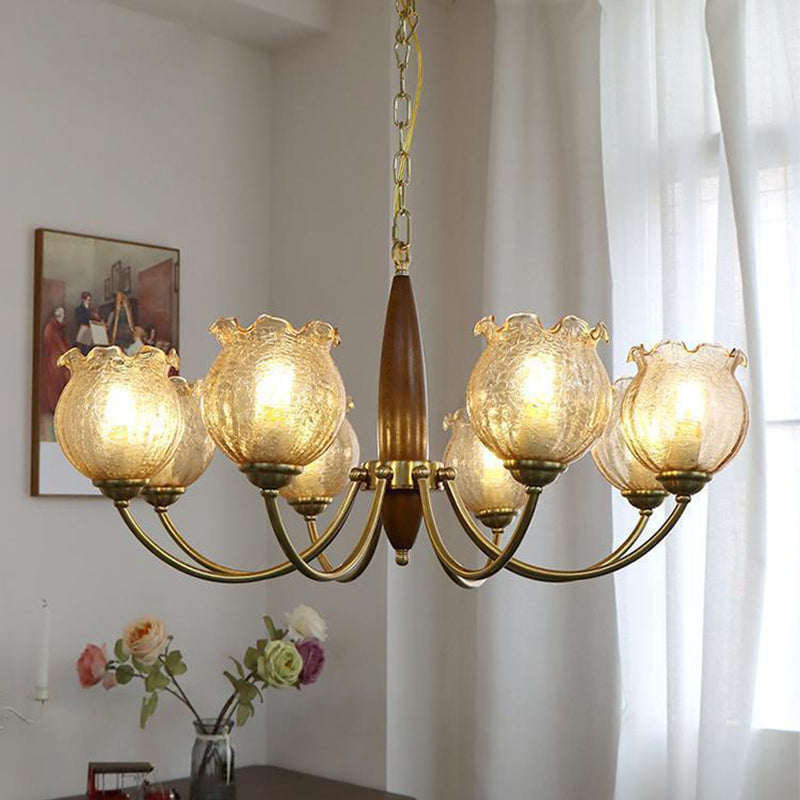 Traditional French Branch Curved Rod Floral Wood Iron Frame Acrylic Glass Shade 3/6/8/10-Light Chandelier For Living Room