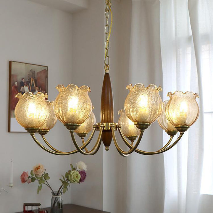 Traditional French Branch Curved Rod Floral Wood Iron Frame Acrylic Glass Shade 3/6/8/10-Light Chandelier For Living Room