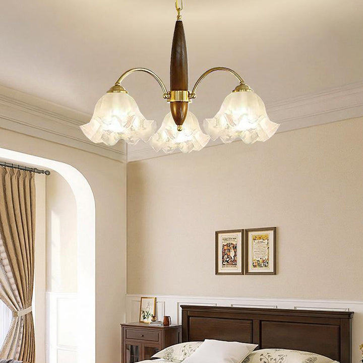 Traditional French Branch Curved Rod Floral Wood Iron Frame Acrylic Glass Shade 3/6/8/10-Light Chandelier For Living Room