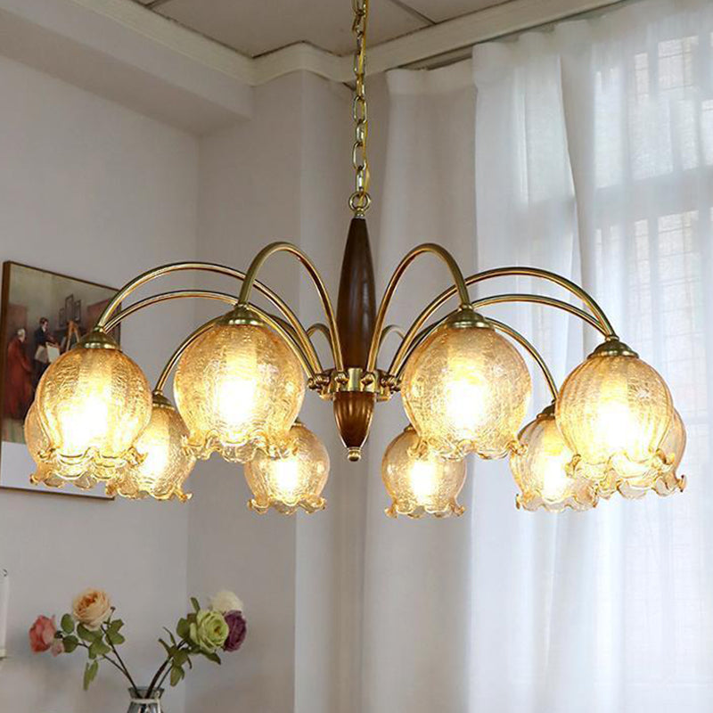 Traditional French Branch Curved Rod Floral Wood Iron Frame Acrylic Glass Shade 3/6/8/10-Light Chandelier For Living Room