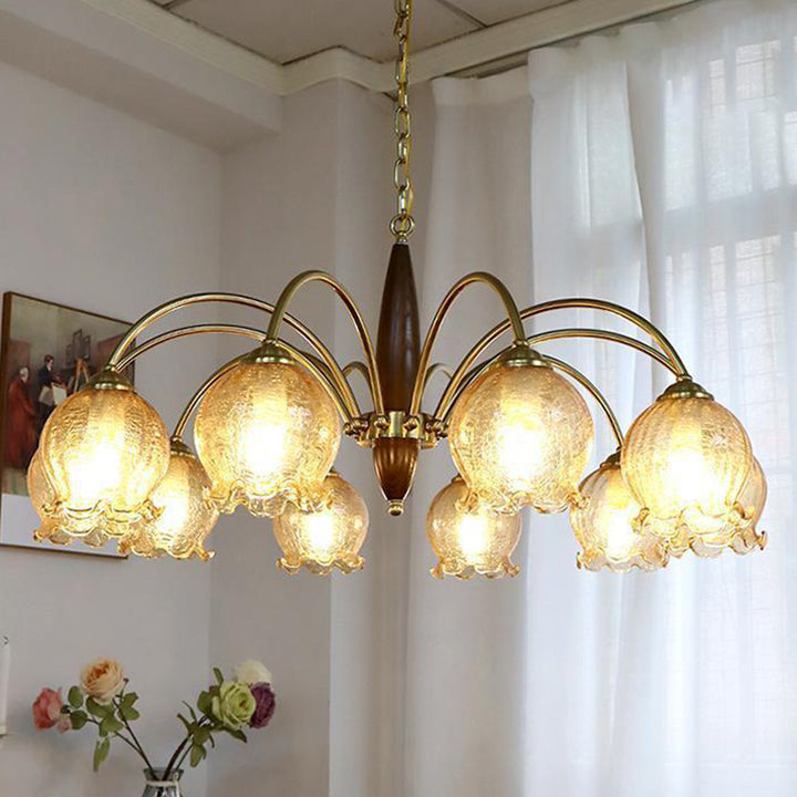 Traditional French Branch Curved Rod Floral Wood Iron Frame Acrylic Glass Shade 3/6/8/10-Light Chandelier For Living Room