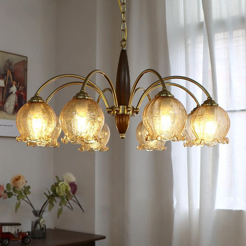 Traditional French Branch Curved Rod Floral Wood Iron Frame Acrylic Glass Shade 3/6/8/10-Light Chandelier For Living Room