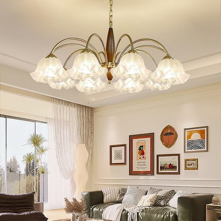Traditional French Branch Curved Rod Floral Wood Iron Frame Acrylic Glass Shade 3/6/8/10-Light Chandelier For Living Room