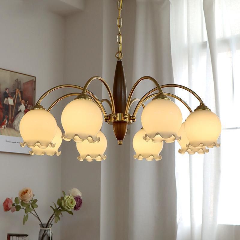 Traditional French Branch Curved Rod Floral Wood Iron Frame Acrylic Glass Shade 3/6/8/10-Light Chandelier For Living Room
