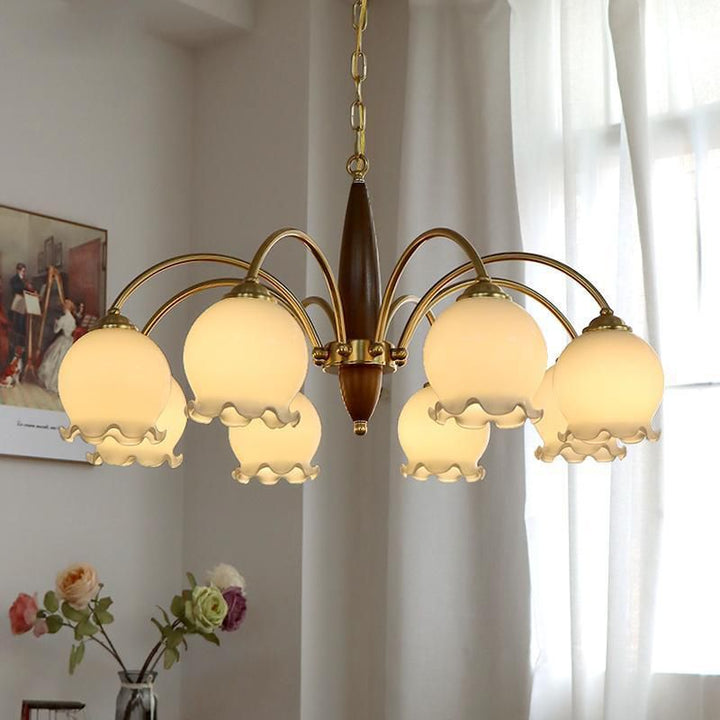 Traditional French Branch Curved Rod Floral Wood Iron Frame Acrylic Glass Shade 3/6/8/10-Light Chandelier For Living Room