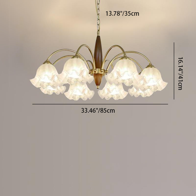 Traditional French Branch Curved Rod Floral Wood Iron Frame Acrylic Glass Shade 3/6/8/10-Light Chandelier For Living Room