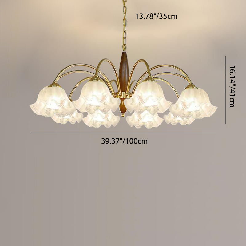 Traditional French Branch Curved Rod Floral Wood Iron Frame Acrylic Glass Shade 3/6/8/10-Light Chandelier For Living Room