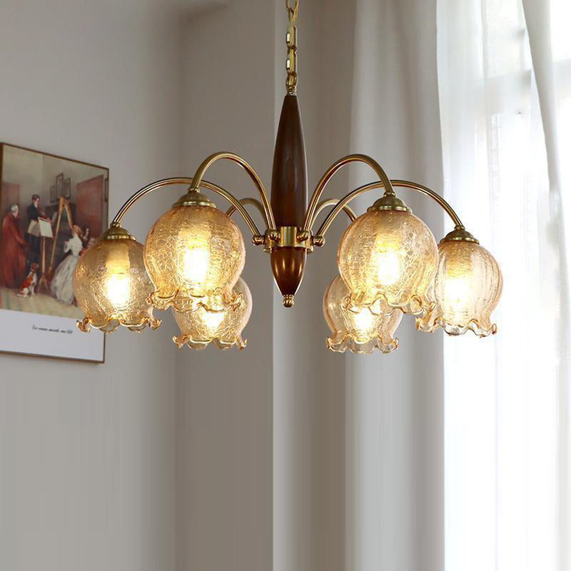 Traditional French Branch Curved Rod Floral Wood Iron Frame Acrylic Glass Shade 3/6/8/10-Light Chandelier For Living Room