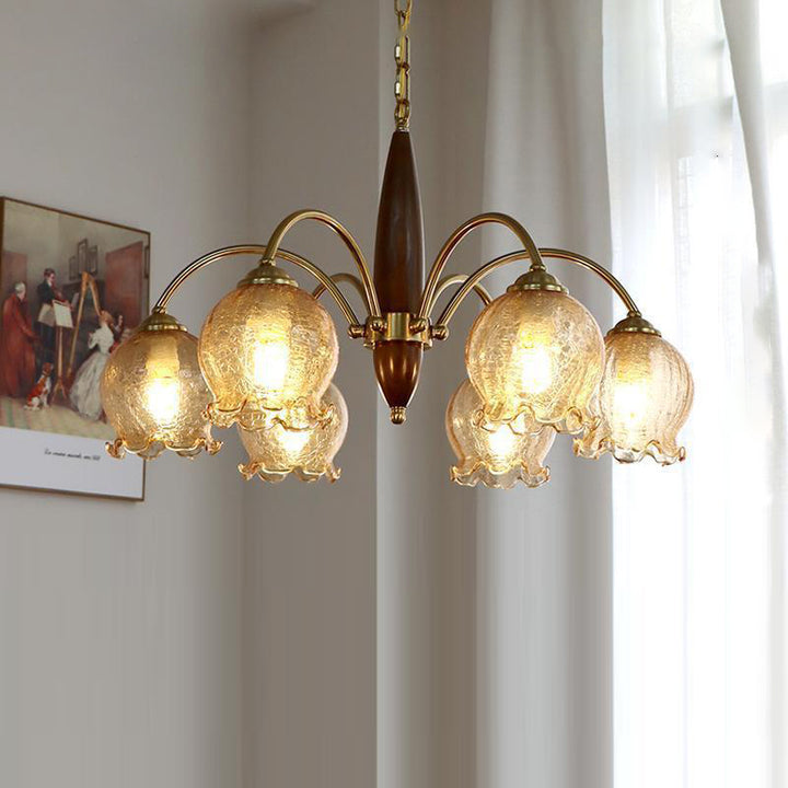 Traditional French Branch Curved Rod Floral Wood Iron Frame Acrylic Glass Shade 3/6/8/10-Light Chandelier For Living Room