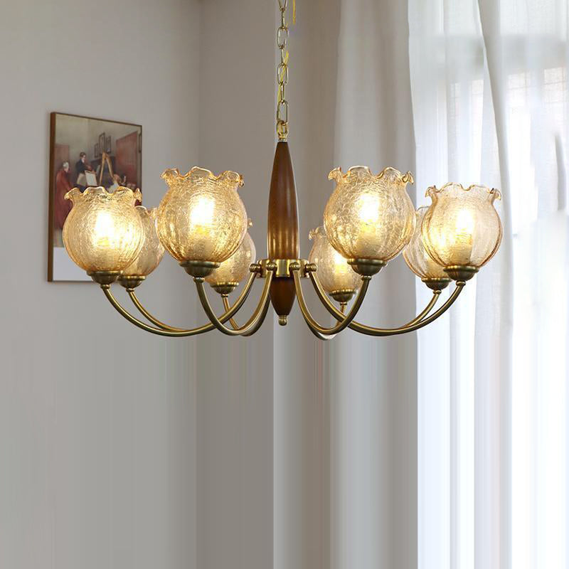 Traditional French Branch Curved Rod Floral Wood Iron Frame Acrylic Glass Shade 3/6/8/10-Light Chandelier For Living Room