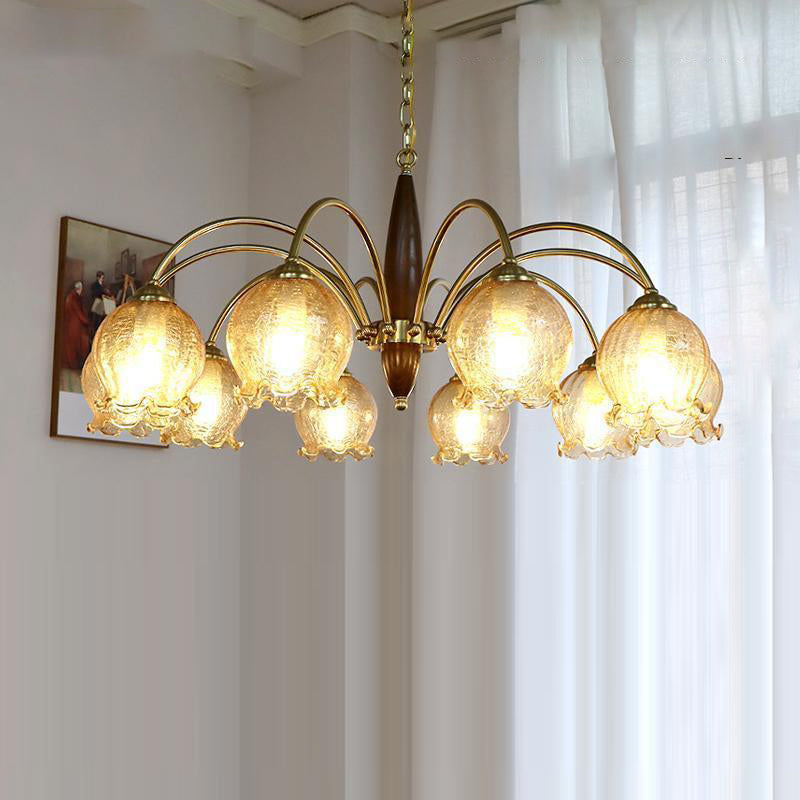 Traditional French Branch Curved Rod Floral Wood Iron Frame Acrylic Glass Shade 3/6/8/10-Light Chandelier For Living Room
