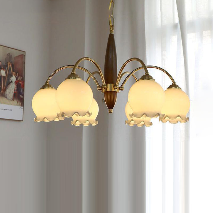 Traditional French Branch Curved Rod Floral Wood Iron Frame Acrylic Glass Shade 3/6/8/10-Light Chandelier For Living Room