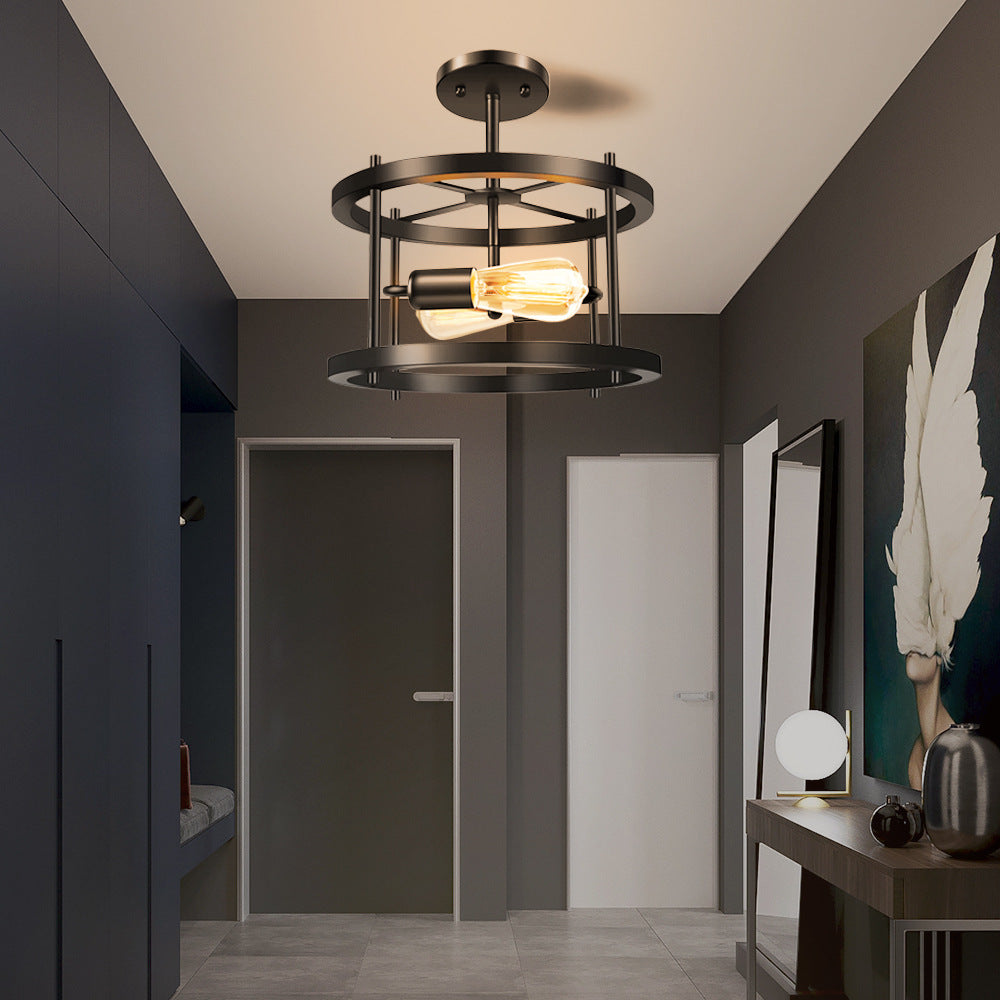 Traditionelle Vintage-Deckenleuchte mit rundem, ausgehöhltem Eisenrahmen und 2 Lichtern, halbbündige Montage für Wohnzimmer 