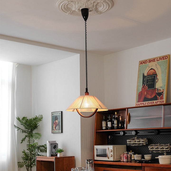 Lustre suspendu contemporain rétro rond trapézoïdal en bois de frêne et coton lin à 1 lumière pour salon 