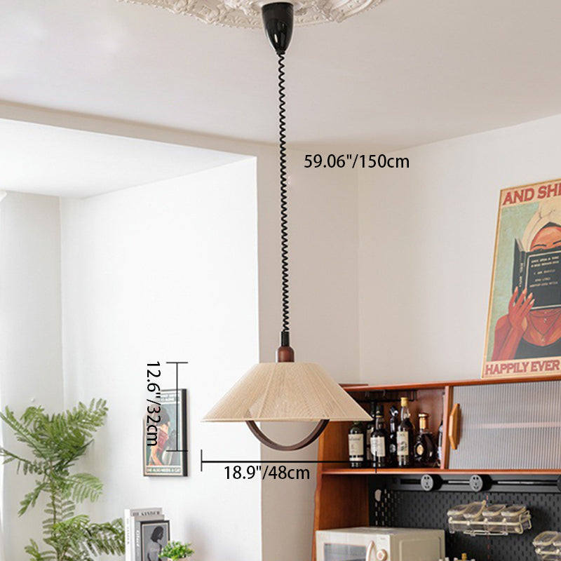 Lustre suspendu contemporain rétro rond trapézoïdal en bois de frêne et coton lin à 1 lumière pour salon 