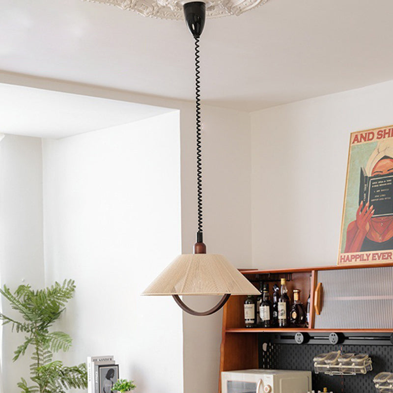 Lustre suspendu contemporain rétro rond trapézoïdal en bois de frêne et coton lin à 1 lumière pour salon 