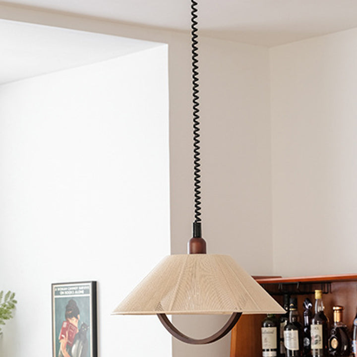 Lustre suspendu contemporain rétro rond trapézoïdal en bois de frêne et coton lin à 1 lumière pour salon 