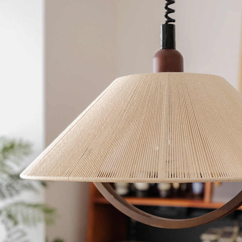 Lustre suspendu contemporain rétro rond trapézoïdal en bois de frêne et coton lin à 1 lumière pour salon 