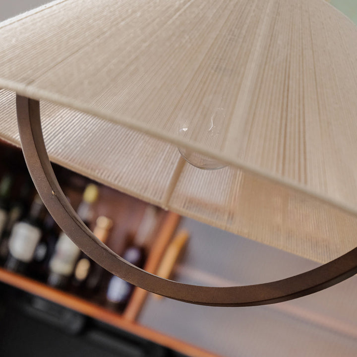Lustre suspendu contemporain rétro rond trapézoïdal en bois de frêne et coton lin à 1 lumière pour salon 