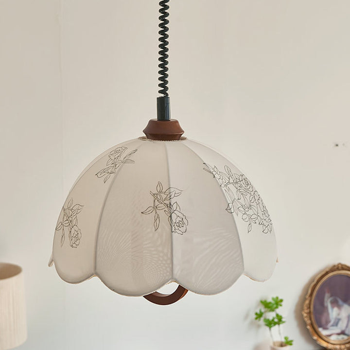 Traditional French Round Dome Floral Print Solid Wood Fabric 1-Light Pendant Light For Living Room