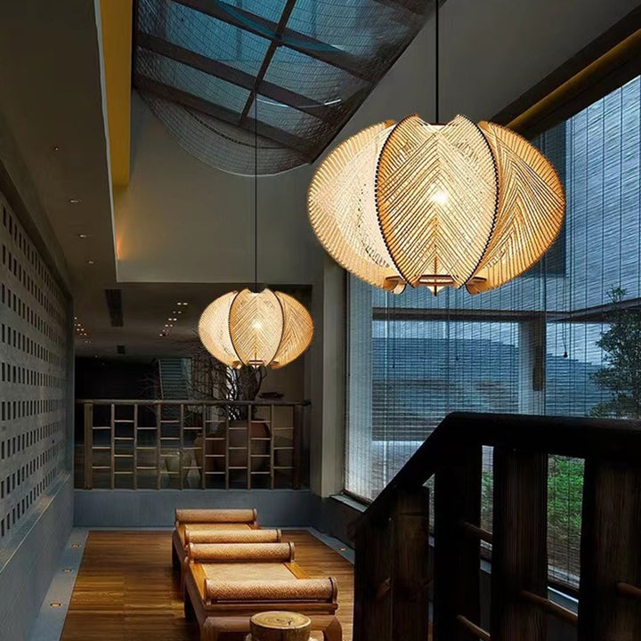 Traditionelle japanische runde handgewebte Schnurholz-Pendelleuchte mit 1 Licht für Wohnzimmer 