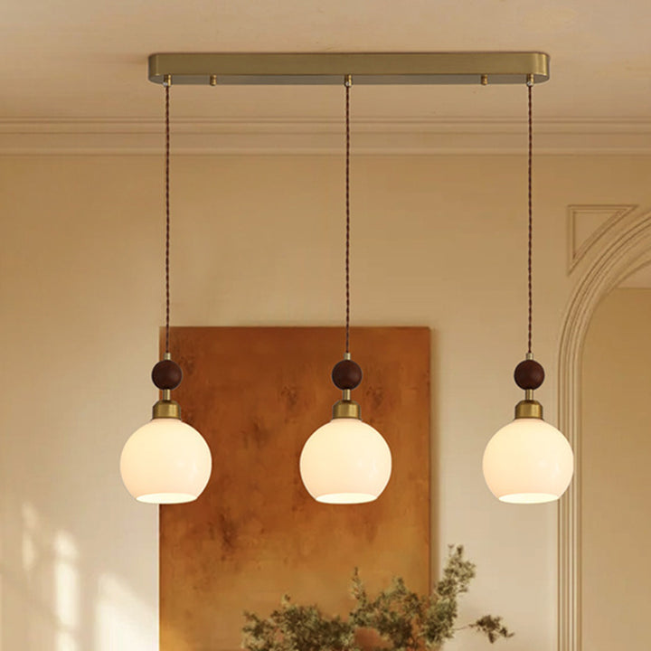 Zeitgenössischer Retro-Kronleuchter mit runder Kugel und ovaler Hardware, Holz- und Glasschirm, 1/3-flammig, Inselleuchte für Esszimmer 