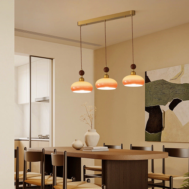 Zeitgenössischer Retro-Kronleuchter mit runder Kugel und ovaler Hardware, Holz- und Glasschirm, 1/3-flammig, Inselleuchte für Esszimmer 