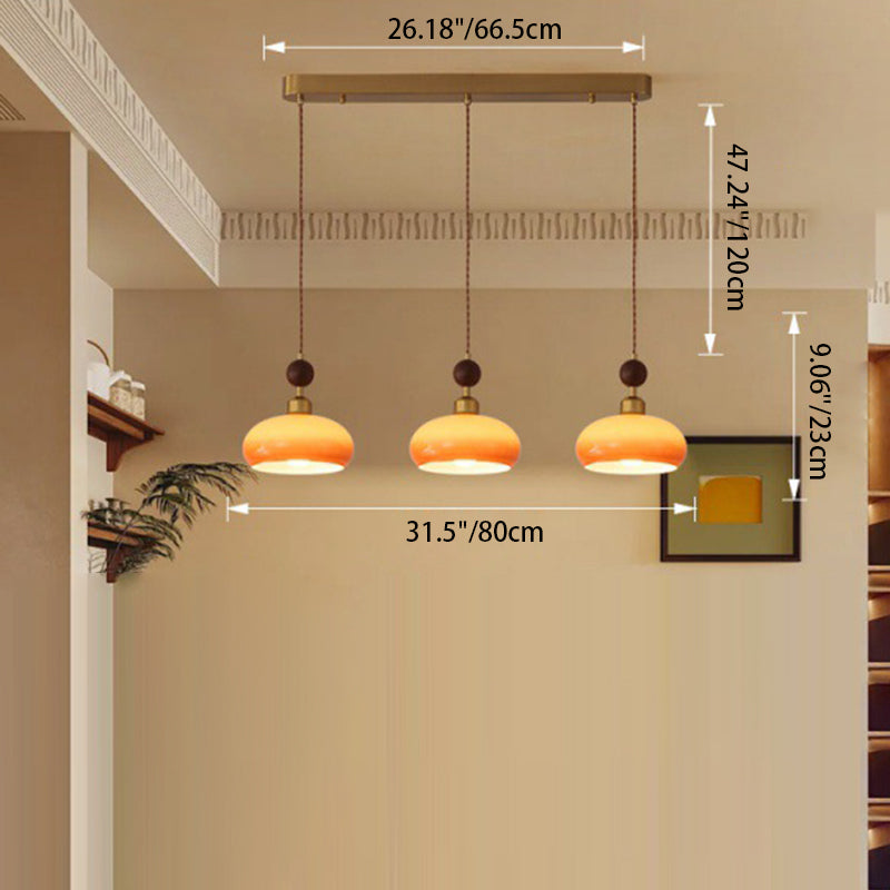 Zeitgenössischer Retro-Kronleuchter mit runder Kugel und ovaler Hardware, Holz- und Glasschirm, 1/3-flammig, Inselleuchte für Esszimmer 