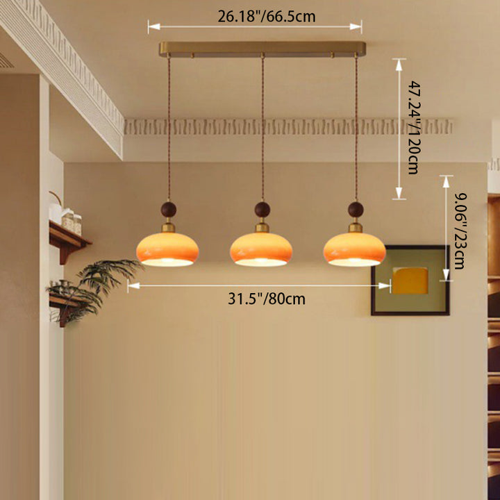 Zeitgenössischer Retro-Kronleuchter mit runder Kugel und ovaler Hardware, Holz- und Glasschirm, 1/3-flammig, Inselleuchte für Esszimmer 