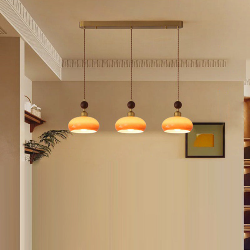 Zeitgenössischer Retro-Kronleuchter mit runder Kugel und ovaler Hardware, Holz- und Glasschirm, 1/3-flammig, Inselleuchte für Esszimmer 