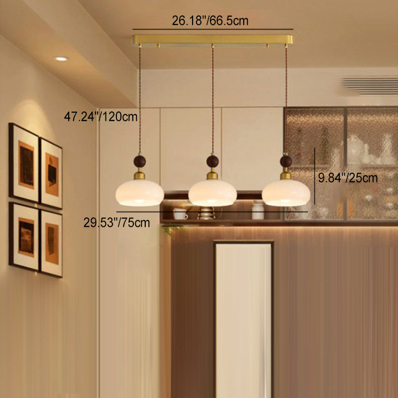 Zeitgenössischer Retro-Kronleuchter mit runder Kugel und ovaler Hardware, Holz- und Glasschirm, 1/3-flammig, Inselleuchte für Esszimmer 