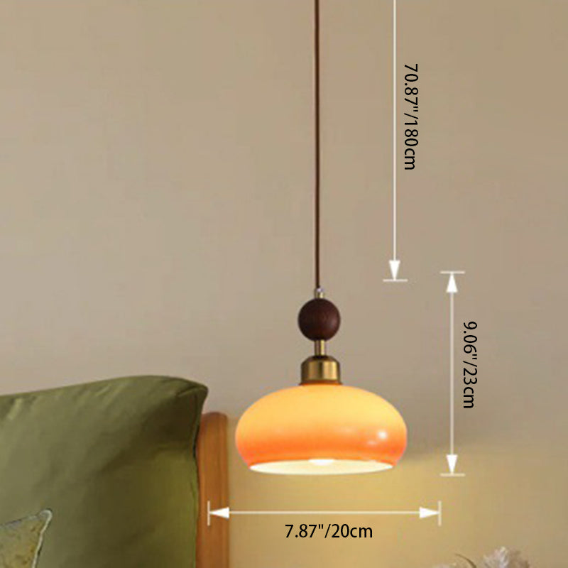 Zeitgenössischer Retro-Kronleuchter mit runder Kugel und ovaler Hardware, Holz- und Glasschirm, 1/3-flammig, Inselleuchte für Esszimmer 