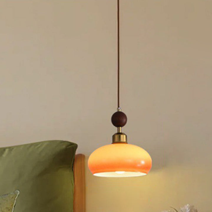 Zeitgenössischer Retro-Kronleuchter mit runder Kugel und ovaler Hardware, Holz- und Glasschirm, 1/3-flammig, Inselleuchte für Esszimmer 