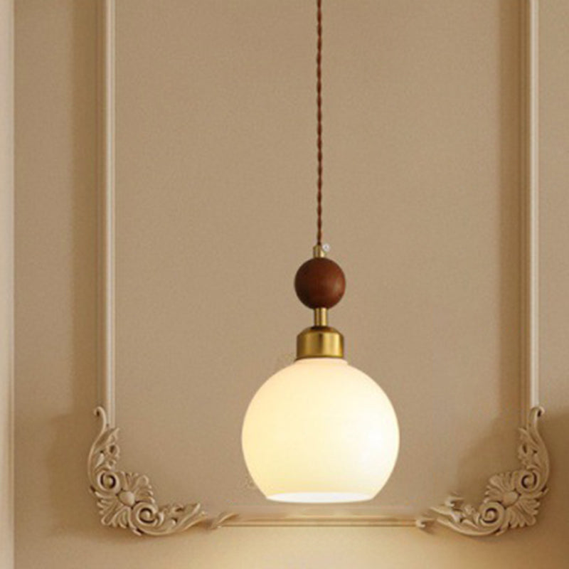 Zeitgenössischer Retro-Kronleuchter mit runder Kugel und ovaler Hardware, Holz- und Glasschirm, 1/3-flammig, Inselleuchte für Esszimmer 