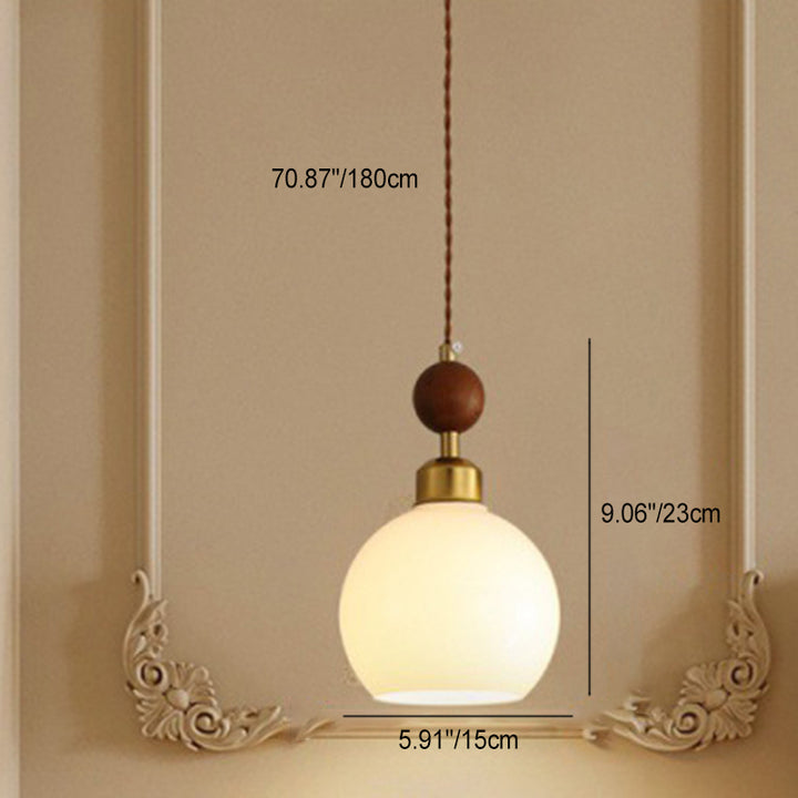 Zeitgenössischer Retro-Kronleuchter mit runder Kugel und ovaler Hardware, Holz- und Glasschirm, 1/3-flammig, Inselleuchte für Esszimmer 