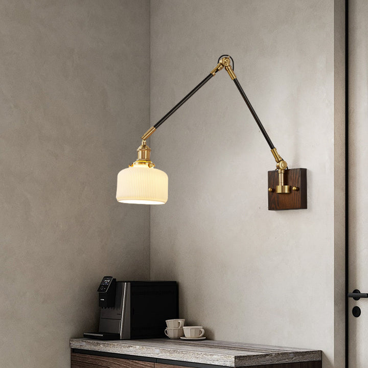 Traditional Vintage Retractable Pole Round Trapezoidal Iron Wood Glass 1-Light Wall Sconce Lamp For Bedroom