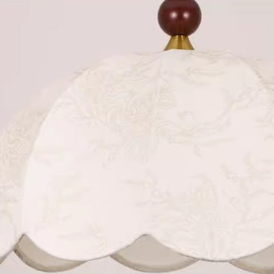 Traditionelle französische Pendelleuchte mit runden, gewellten Kanten, Massivholz, Stoffschirm mit Blumenmuster, 1 Licht, für Wohnzimmer 