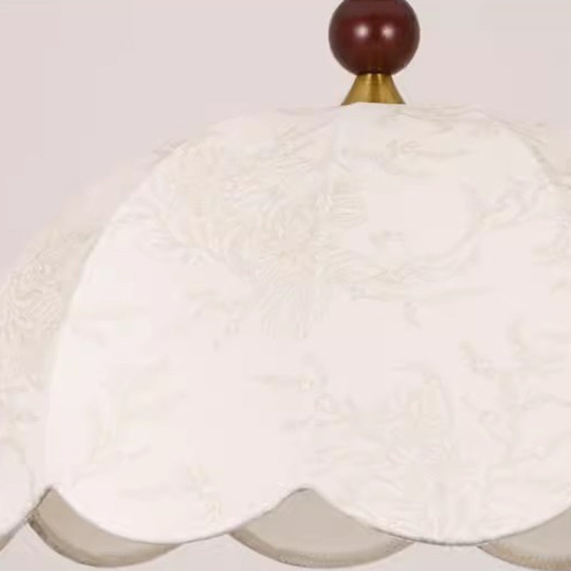 Traditionelle französische Pendelleuchte mit runden, gewellten Kanten, Massivholz, Stoffschirm mit Blumenmuster, 1 Licht, für Wohnzimmer 