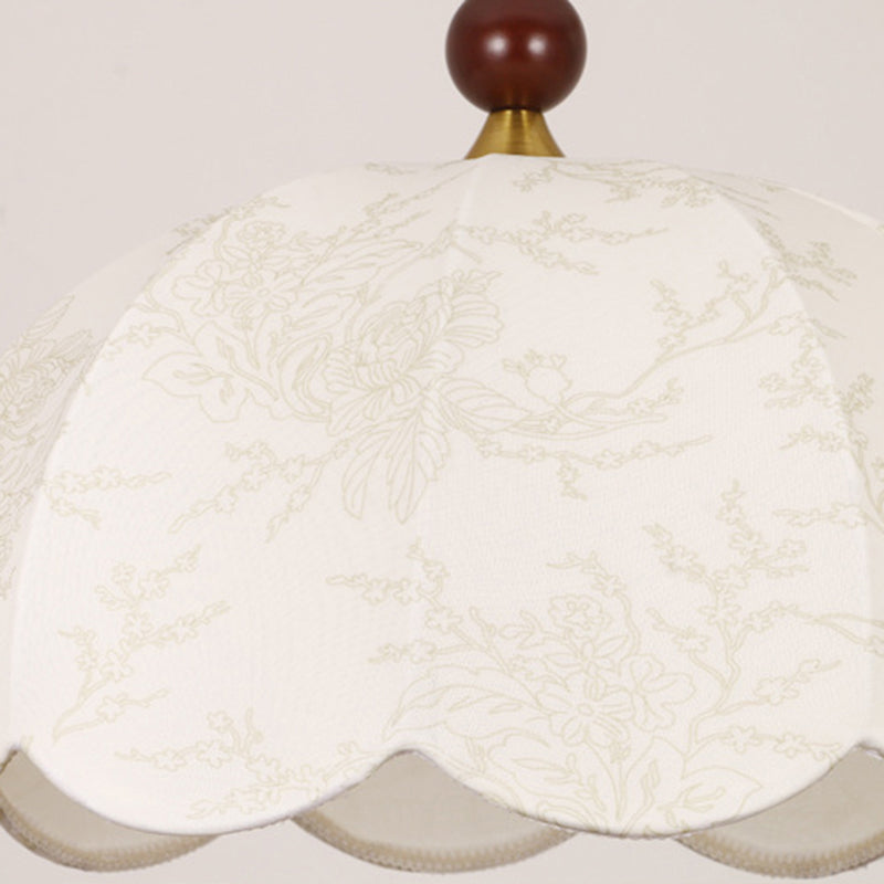 Traditionelle französische Pendelleuchte mit runden, gewellten Kanten, Massivholz, Stoffschirm mit Blumenmuster, 1 Licht, für Wohnzimmer 