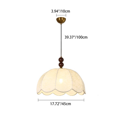 Traditionelle französische Pendelleuchte mit runden, gewellten Kanten, Massivholz, Stoffschirm mit Blumenmuster, 1 Licht, für Wohnzimmer 