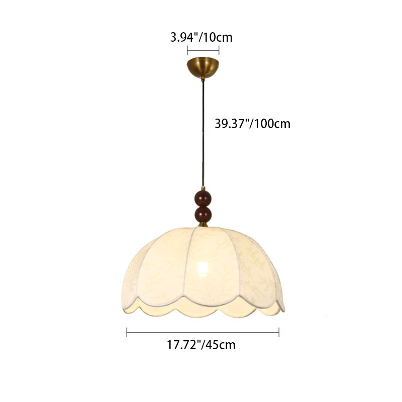 Traditionelle französische Pendelleuchte mit runden, gewellten Kanten, Massivholz, Stoffschirm mit Blumenmuster, 1 Licht, für Wohnzimmer 