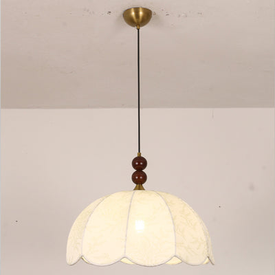 Traditionelle französische Pendelleuchte mit runden, gewellten Kanten, Massivholz, Stoffschirm mit Blumenmuster, 1 Licht, für Wohnzimmer 