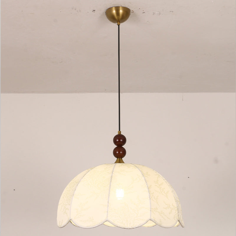 Traditionelle französische Pendelleuchte mit runden, gewellten Kanten, Massivholz, Stoffschirm mit Blumenmuster, 1 Licht, für Wohnzimmer 