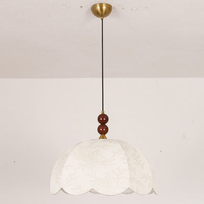 Traditionelle französische Pendelleuchte mit runden, gewellten Kanten, Massivholz, Stoffschirm mit Blumenmuster, 1 Licht, für Wohnzimmer 