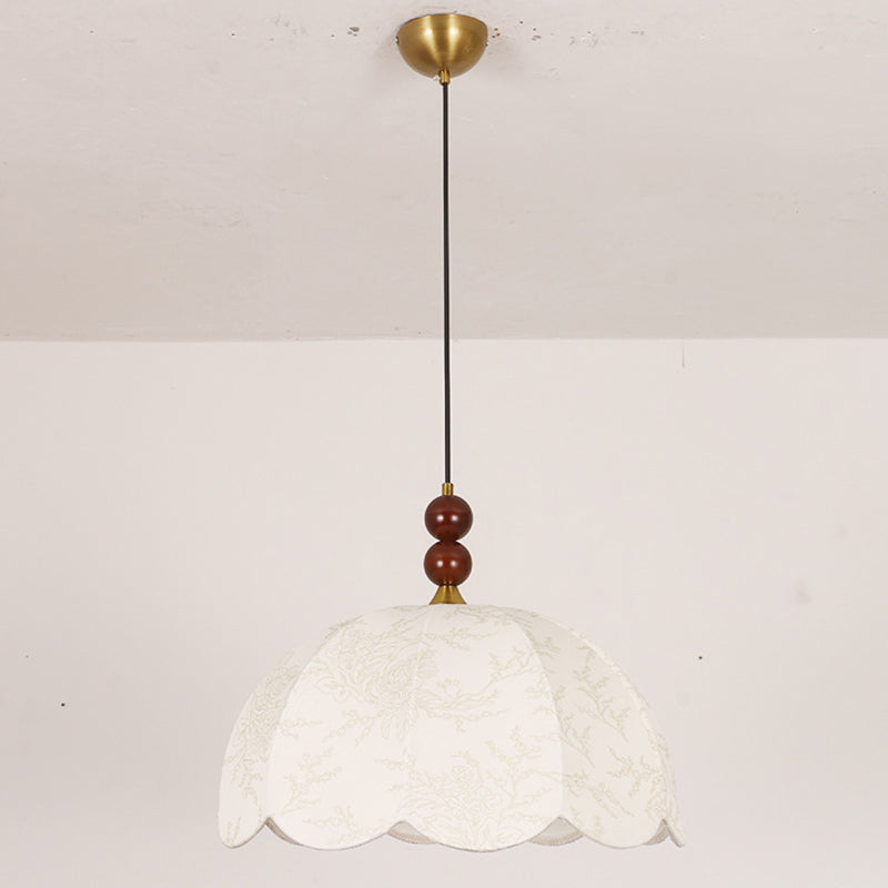 Traditionelle französische Pendelleuchte mit runden, gewellten Kanten, Massivholz, Stoffschirm mit Blumenmuster, 1 Licht, für Wohnzimmer 