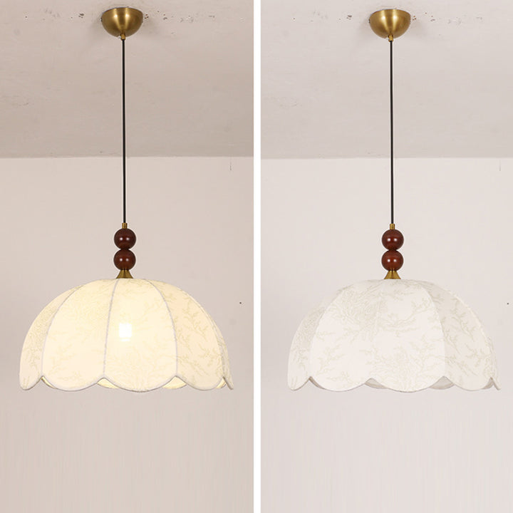 Traditional French Round Wavy Edge Hardware Solid Wood Floral Printed Fabric Shade 1-Light Pendant Light For Living Room