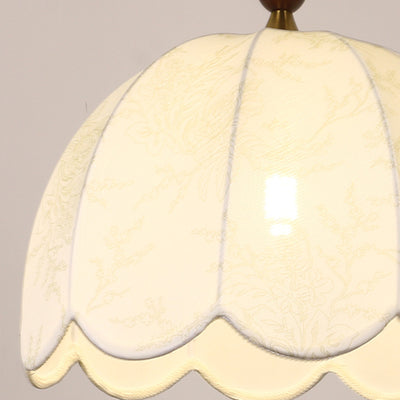 Traditionelle französische Pendelleuchte mit runden, gewellten Kanten, Massivholz, Stoffschirm mit Blumenmuster, 1 Licht, für Wohnzimmer 