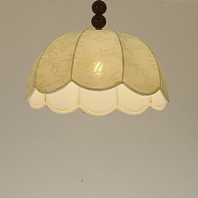 Traditionelle französische Pendelleuchte mit runden, gewellten Kanten, Massivholz, Stoffschirm mit Blumenmuster, 1 Licht, für Wohnzimmer 