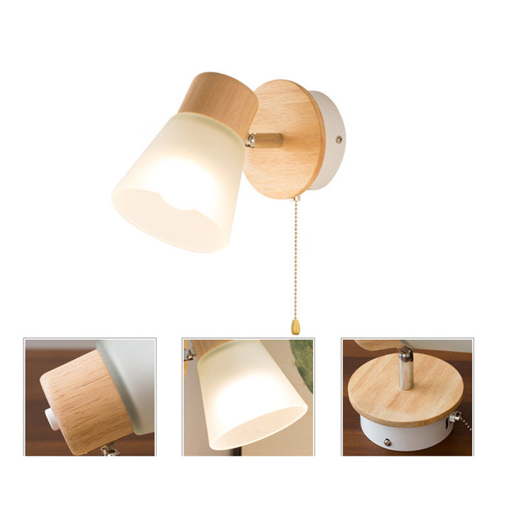 Applique murale 1 lumière en bois massif et fer avec abat-jour en verre de forme ronde nordique contemporaine pour chambre 