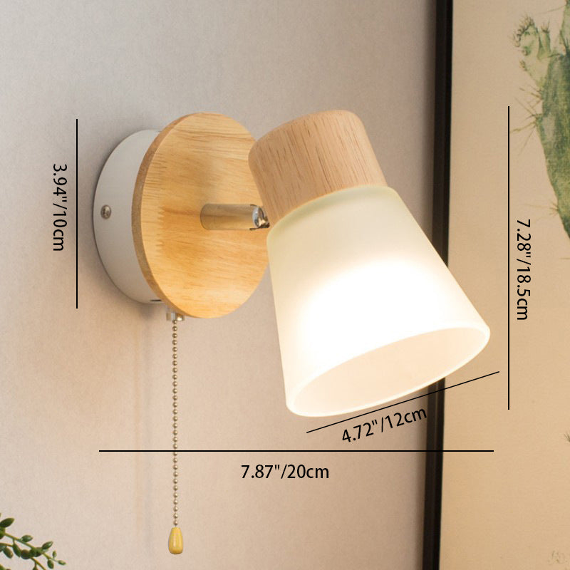 Applique murale 1 lumière en bois massif et fer avec abat-jour en verre de forme ronde nordique contemporaine pour chambre 